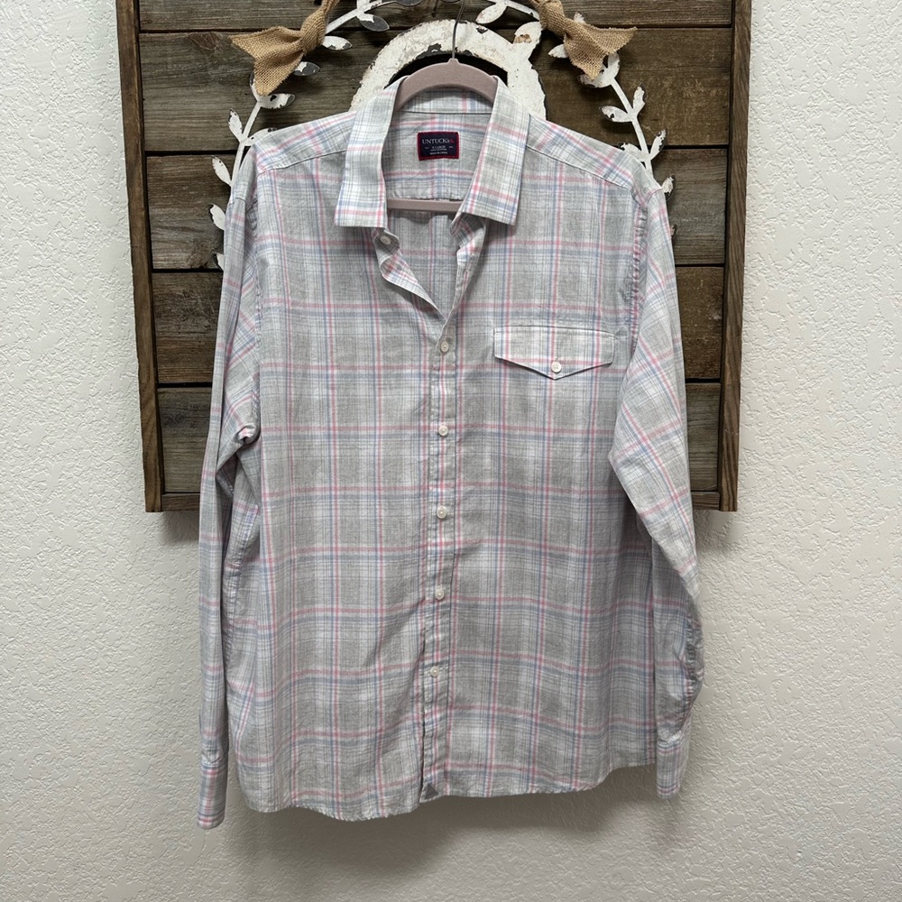 Untuckit gray pink plaid button down long sleeve cotton shirt men’s XL